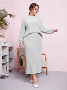 SHEIN 大碼下擺開叉插肩袖套頭毛衣和針織短裙 - 淺灰色 - 查看 1