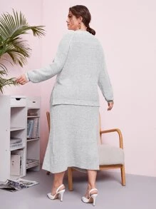 SHEIN 大碼下擺開叉插肩袖套頭毛衣和針織短裙 - 淺灰色 - 查看 2