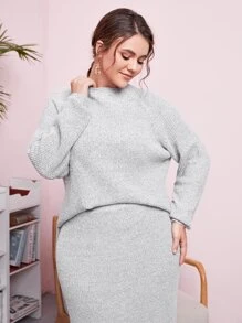 SHEIN 大碼下擺開叉插肩袖套頭毛衣和針織短裙 - 淺灰色 - 查看 3