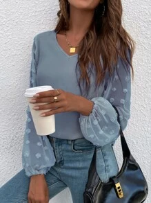 SHEIN LUNE 圓點燈籠袖襯衫 - 霧霾藍 - 查看 7