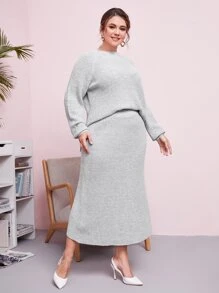 SHEIN 大碼下擺開叉插肩袖套頭毛衣和針織短裙 - 淺灰色 - 查看 4