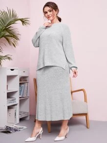 SHEIN 大碼下擺開叉插肩袖套頭毛衣和針織短裙 - 淺灰色 - 查看 5