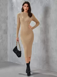 SHEIN Vestido de punto tejido de canalé - Caqui - Ver 1