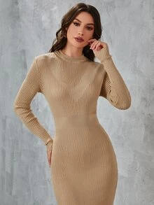 SHEIN Vestido de punto tejido de canalé - Caqui - Ver 3