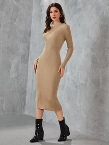SHEIN Vestido de punto tejido de canalé - Caqui - Ver 4