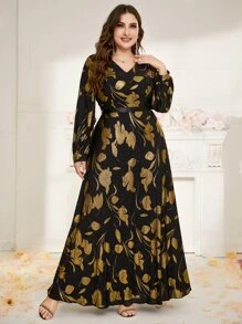 Modelyn 大碼印花V領長連衣裙 - 黑色 - 查看 1