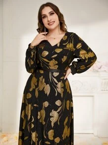 Modelyn 大碼印花V領長連衣裙 - 黑色 - 查看 3