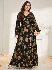 Modelyn 大碼印花V領長連衣裙 - 黑色 - 查看 4