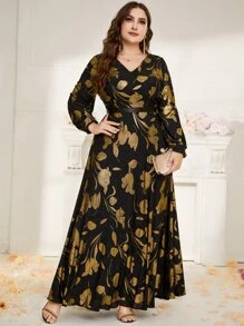 Modelyn 大碼印花V領長連衣裙 - 黑色 - 查看 5