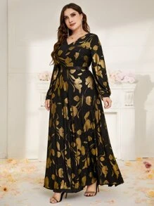 Modelyn 大碼印花V領長連衣裙 - 黑色 - 查看 6