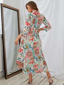 印花腰帶襯衫洋裝 - 彩色 - 查看 2