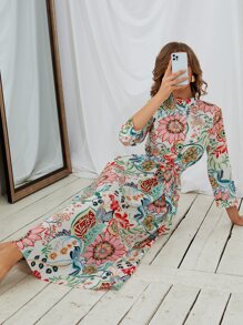 印花腰帶襯衫洋裝 - 彩色 - 查看 5