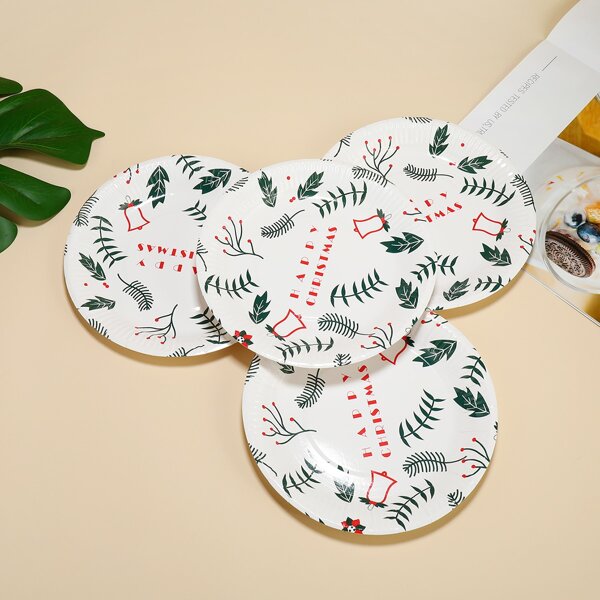 

8pcs Christmas Leaf Print Disposable Plate, Multicolor