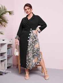 Modelyn Plus Zebra Stripe & Chain Print Single Breasted Asymmetrical Hem Dress - Black - View 1