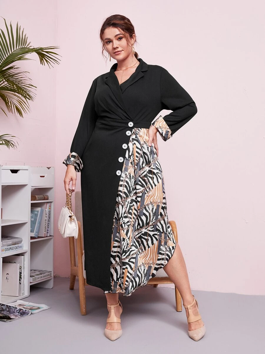 Modelyn Plus Zebra Stripe & Chain Print Single Breasted Asymmetrical Hem Dress - Black - View 1