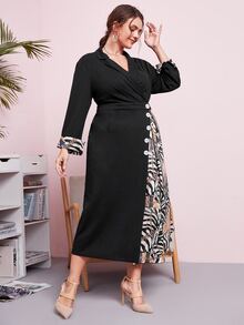 Modelyn Plus Zebra Stripe & Chain Print Single Breasted Asymmetrical Hem Dress - Black - View 4