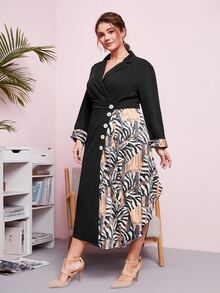 Modelyn Plus Zebra Stripe & Chain Print Single Breasted Asymmetrical Hem Dress - Black - View 2