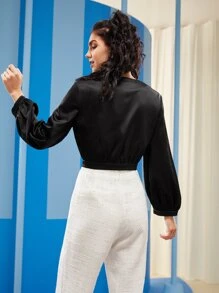 Chompoohbua Designer Business Casual Button Front Cutout Crop Top, Festival, Office - Black - View 2