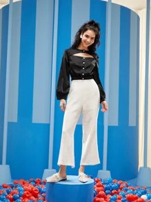Chompoohbua Designer Business Casual Button Front Cutout Crop Top, Festival, Office - Black - View 3