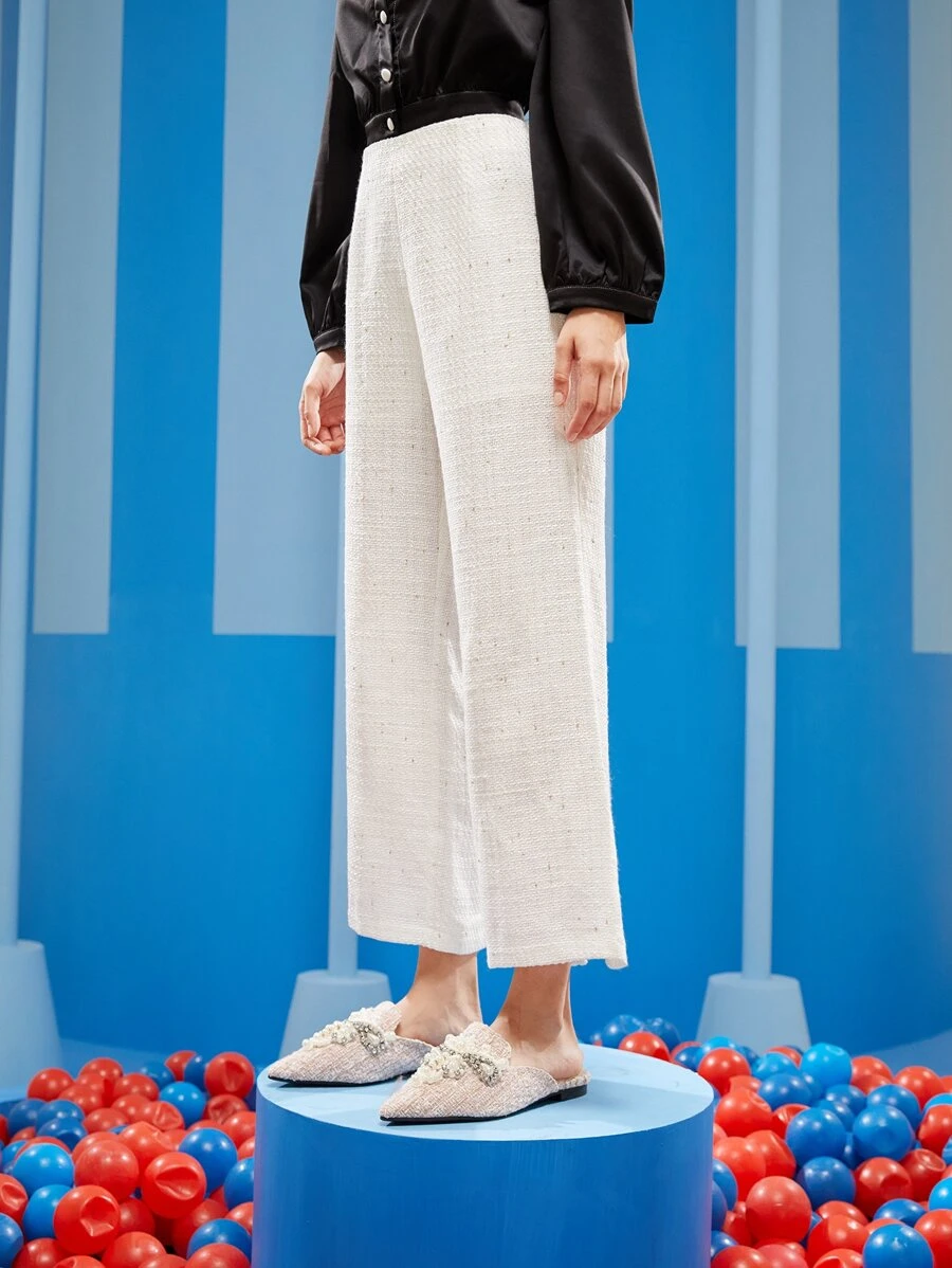 Chompoohbua Pantalones de talle alto bajo con abertura tweed - Blanco - Ver 1