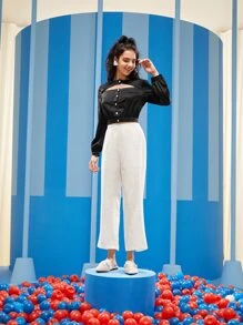 Chompoohbua Designer Business Casual Button Front Cutout Crop Top, Festival, Office - Black - View 4