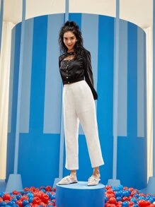 Chompoohbua Pantalones de talle alto bajo con abertura tweed - Blanco - Ver 5