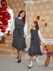 SHEIN Unity Plus 1pc Plaid Flounce Sleeve Ruffle Hem Belted Tweed 2 In 1 Dress - Black and White - View 2