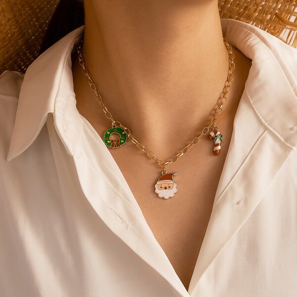 

Christmas Santa Claus & Wreath Charm Necklace, Multicolor