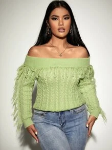 SHEIN Unity Jersey de hombros descubiertos con diseño de fleco tejido de cable - Verde Lima - Ver 1