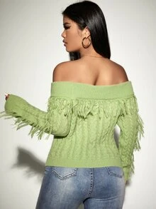 SHEIN Unity Jersey de hombros descubiertos con diseño de fleco tejido de cable - Verde Lima - Ver 2