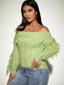 SHEIN Unity Jersey de hombros descubiertos con diseño de fleco tejido de cable - Verde Lima - Ver 4