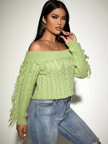 SHEIN Unity Jersey de hombros descubiertos con diseño de fleco tejido de cable - Verde Lima - Ver 5