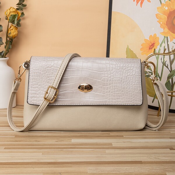 

Metal Decor Crocodile Embossed Flap Square Bag, Grey