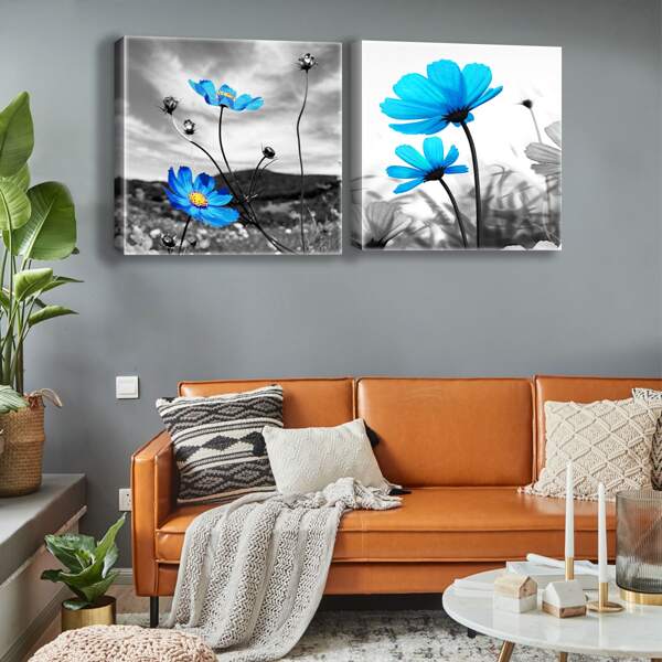 

2pcs Flower Print Unframed Painting, Multicolor