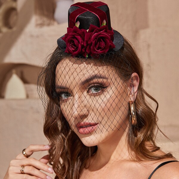 

Flower Decor Mesh Veil Costume Hat, Multicolor