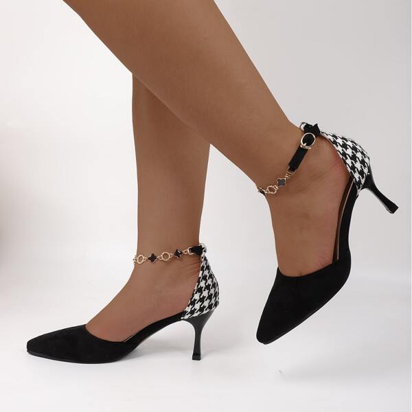 

Houndstooth Pattern Ankle Strap Court Pumps, Black