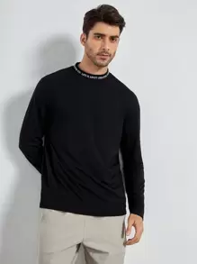 GENTILAND Men Slogan Graphic Mock Neck Tee - Black - View 1