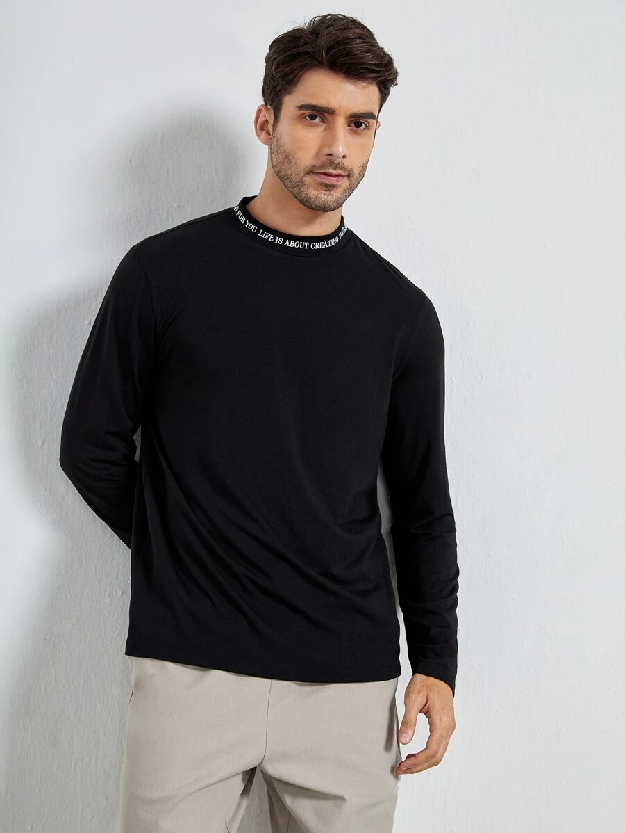 GENTILAND Men Slogan Graphic Mock Neck Tee - Black - View 1