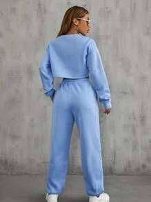 SHEIN MOOSTA Pullover de hombros caídos con pantalones deportivos con bolsillos oblicuos - Celeste - Ver 2