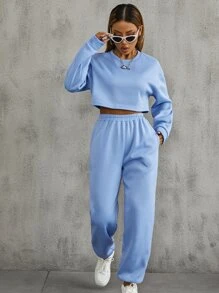 SHEIN MOOSTA Pullover de hombros caídos con pantalones deportivos con bolsillos oblicuos - Celeste - Ver 3