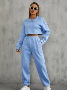 SHEIN MOOSTA Pullover de hombros caídos con pantalones deportivos con bolsillos oblicuos - Celeste - Ver 4