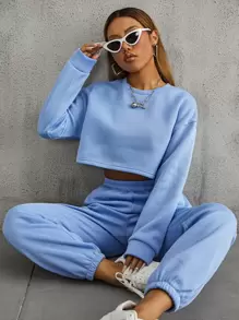 SHEIN MOOSTA Pullover de hombros caídos con pantalones deportivos con bolsillos oblicuos - Celeste - Ver 5