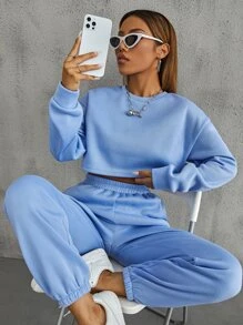 SHEIN MOOSTA Pullover de hombros caídos con pantalones deportivos con bolsillos oblicuos - Celeste - Ver 6