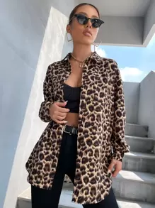 SHEIN Unity 豹纹落肩衬衫，长袖上衣 - 彩色 - 查看 3