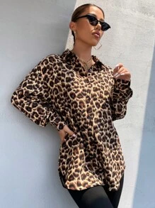 SHEIN Unity 豹纹落肩衬衫，长袖上衣 - 彩色 - 查看 4