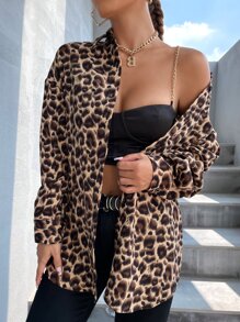 SHEIN Unity 豹纹落肩衬衫，长袖上衣 - 彩色 - 查看 5
