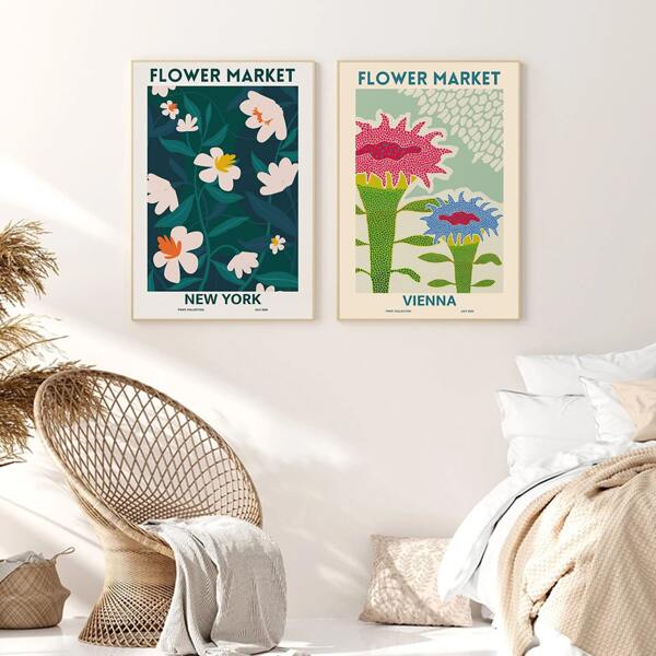 

2pcs Flower Print Unframed Painting, Multicolor