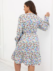Plus Allover Floral Print Knot Front Ruffle Hem Dress - Multicolor - View 2