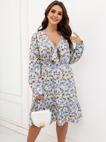 Plus Allover Floral Print Knot Front Ruffle Hem Dress - Multicolor - View 4