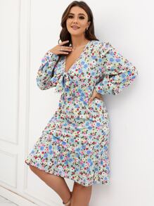 Plus Allover Floral Print Knot Front Ruffle Hem Dress - Multicolor - View 5
